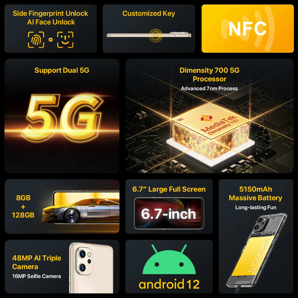 UMIDIGI F3 5G SmartPhone, Android 12 Smartphone, Dimensity 700 Processor, 6.7" Display 8GB 128GB, 48MP Triple Camera,5150mAh 18W