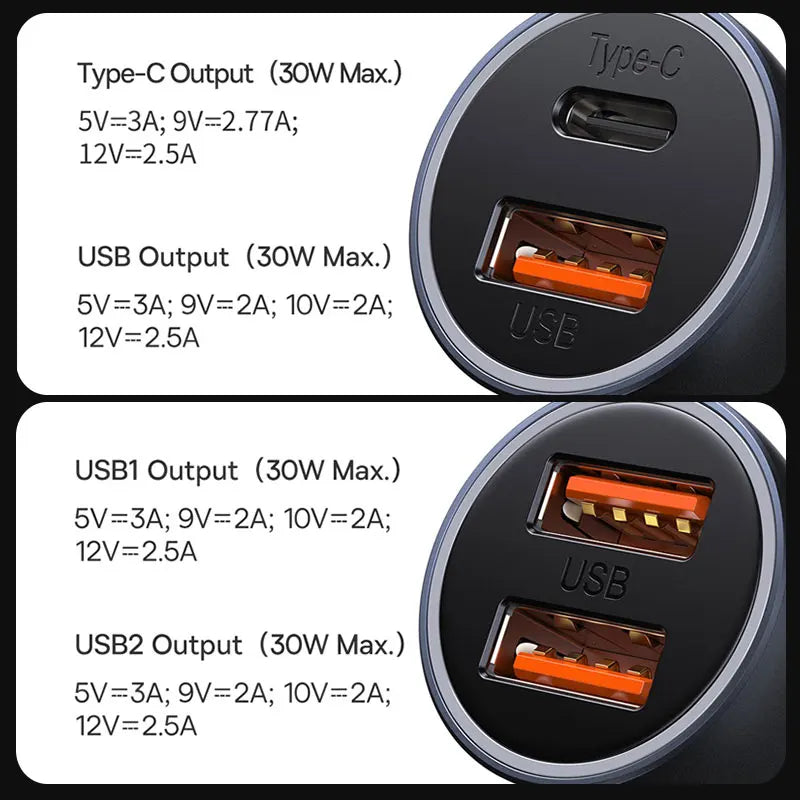 Baseus 60W Metal USB Type C Car Charger Quick Charge SCP AFC QC 4.0 PD 27W USBC Phone Charger For iPhone Xiaomi Huawei Samsung
