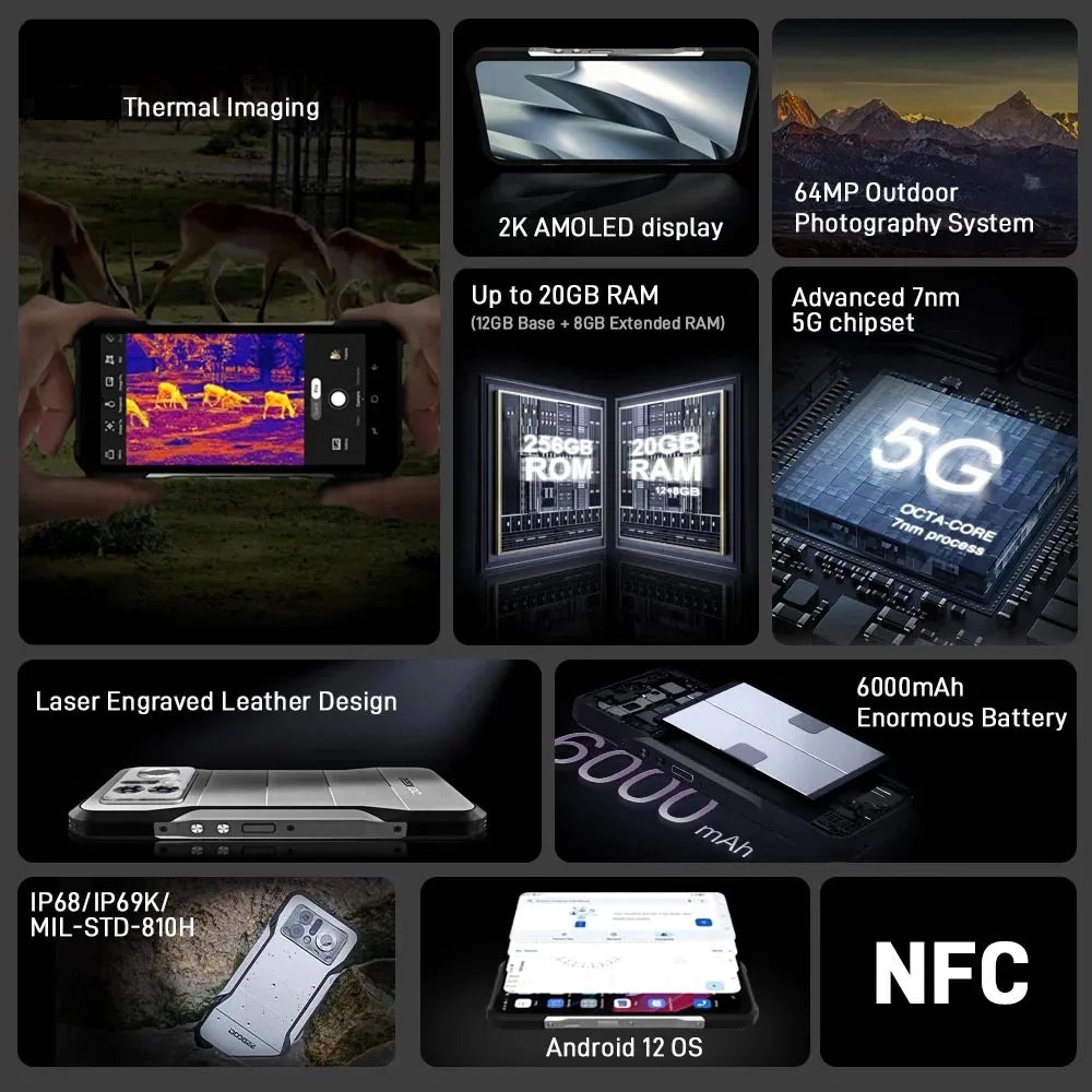 DOOGEE V20 Pro Rugged Phone 6.43”2K AMOLED Display 12GB+256GB  Cellphone 1440*1080 7nm 5G Phone