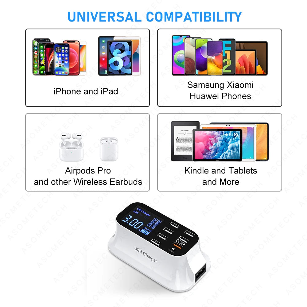 8/4-Port LED Display USB Charger Quick Charge PD USBC Charger For iPhone 13 12 Pro Tablet Fast Charger For Xiaomi Huawei Samsung