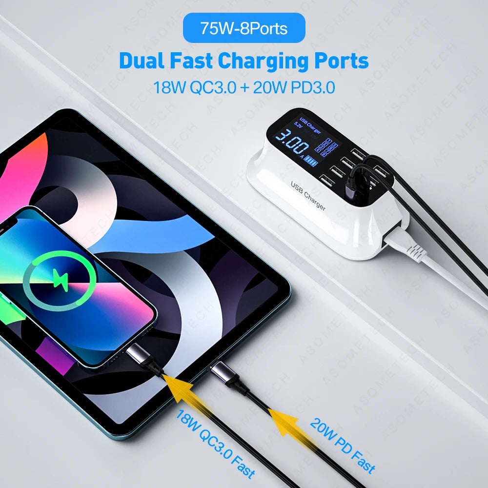 8/4-Port LED Display USB Charger Quick Charge PD USBC Charger For iPhone 13 12 Pro Tablet Fast Charger For Xiaomi Huawei Samsung