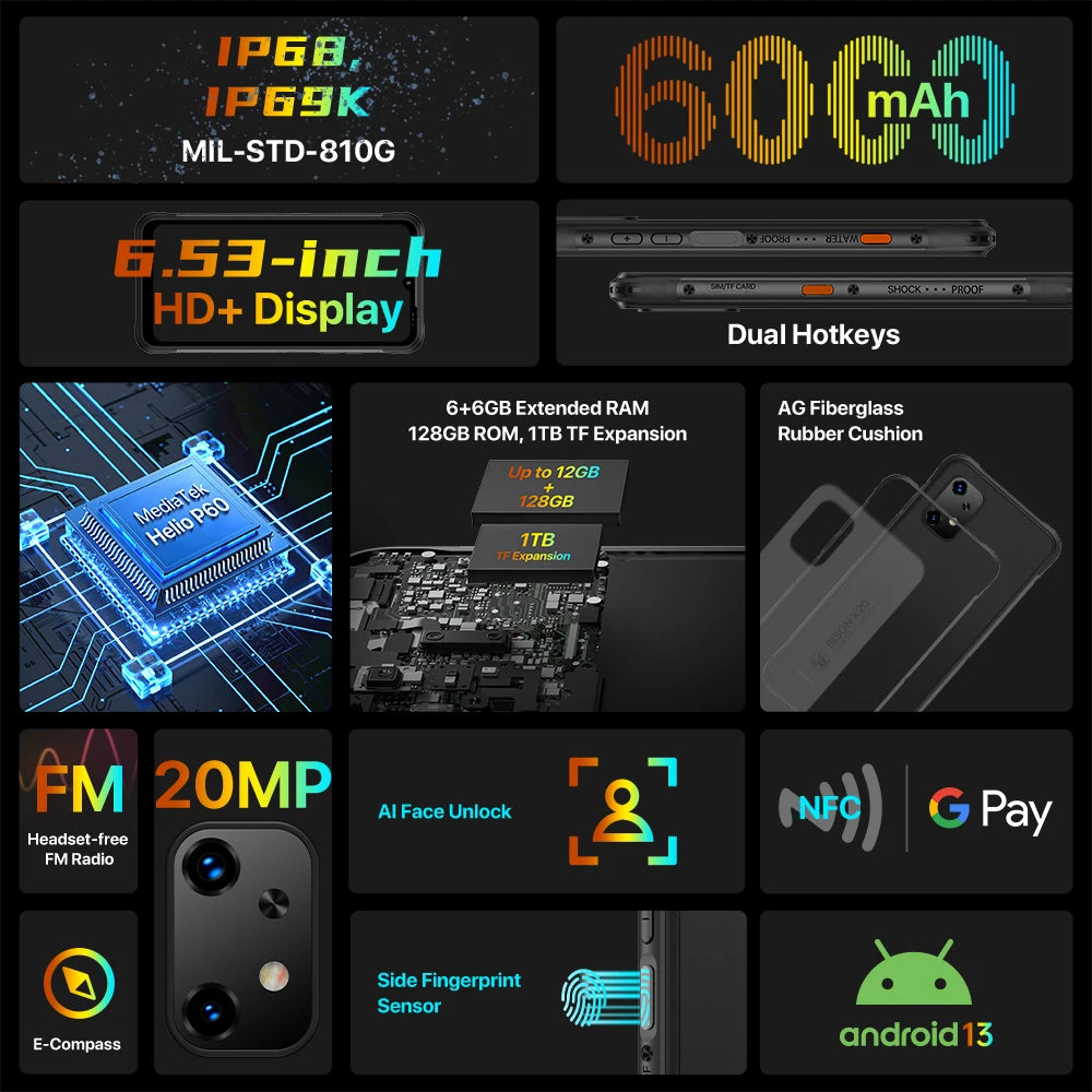 UMIDIGI-BISON X20 Rugged Smartphone 6000mAh Battery NFC MTK Helio P60 Octa-Core 6GB 128GB 6.53 "HD Android 13 Cell Phone