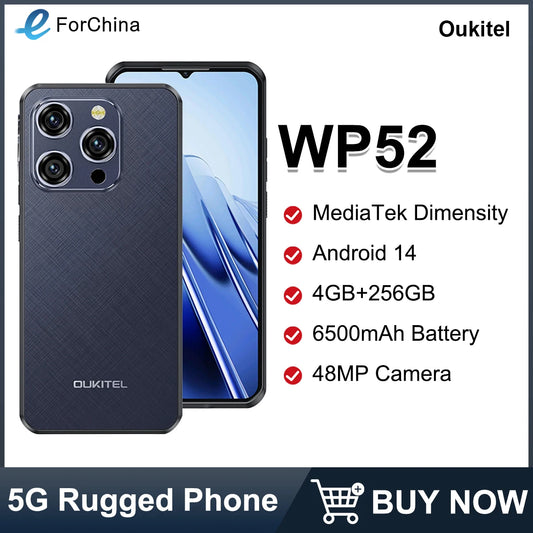 Oukitel WP52 5G Rugged Smartphone 6.6" HD+ 6500mAh 4GB+256GB Android 14 MTK Dimensity 6100+ 48MP Camera 18W NFC Mobile Phone