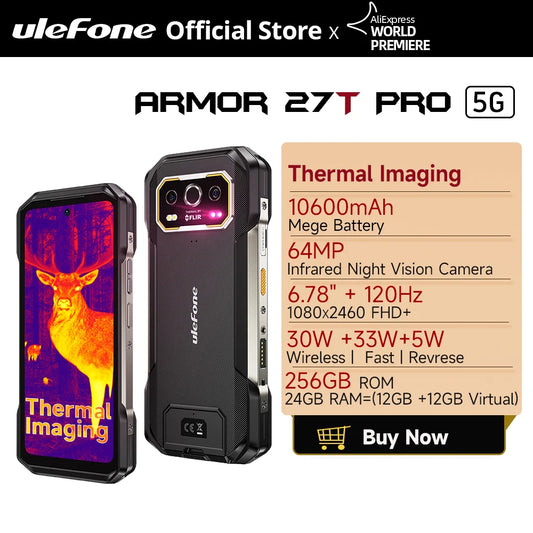 【World Premiere】Ulefone Armor 27T Pro 5G Thermal Imaging Rugged Phone 10600mAh Android 14 Smartphone 50MP+64MP 6.78" 24GB+256GB