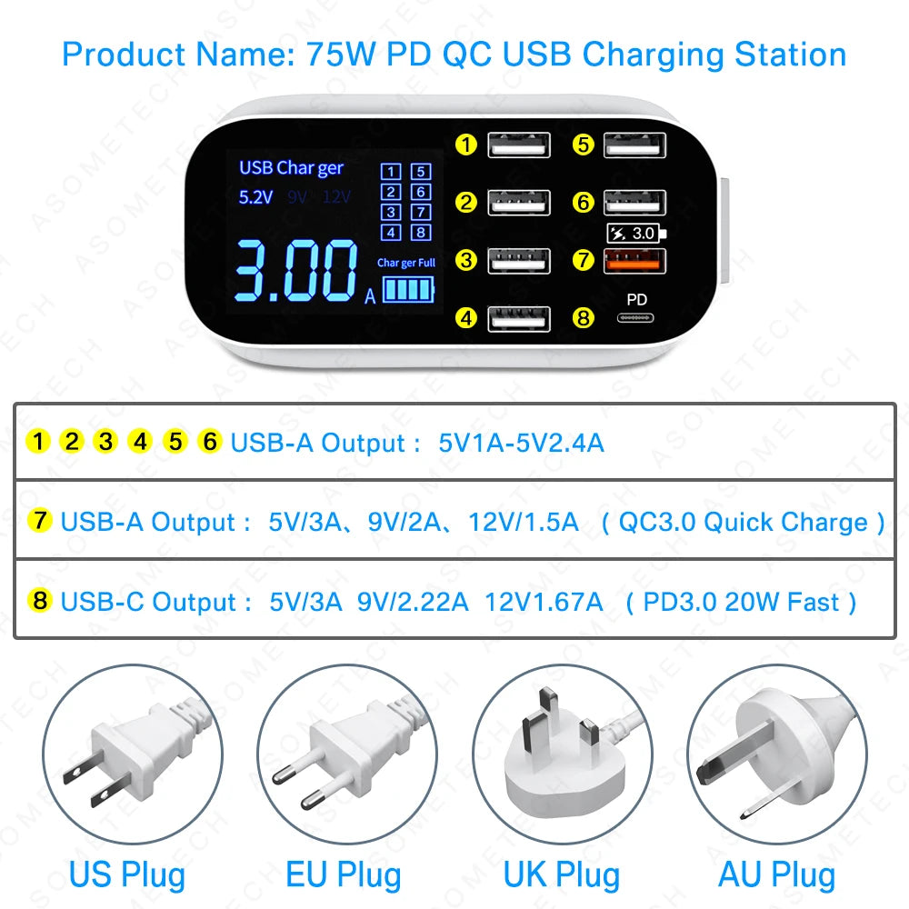 8/4-Port LED Display USB Charger Quick Charge PD USBC Charger For iPhone 13 12 Pro Tablet Fast Charger For Xiaomi Huawei Samsung