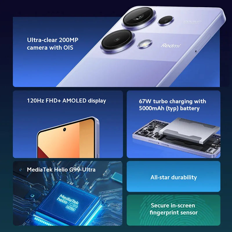 Xiaomi Redmi Note 13 Pro 4G Mobile Phone Global Version 200MP Camera 67W Charge 5000mAh MTK Helio G99-Ultra 6.67" AMOLED display