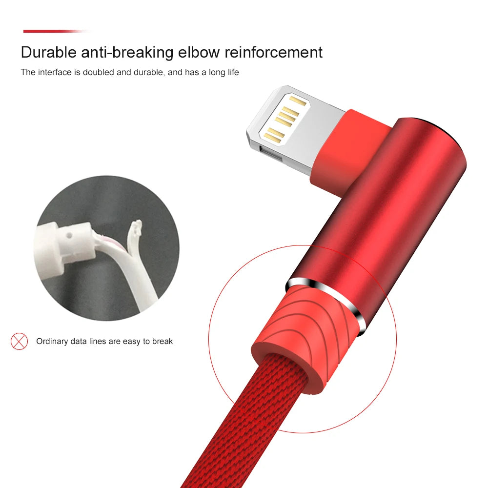 90 Degree USB Cable Fast Charging Data Cord For iPhone 11 12 13 14 Pro Max Xs X XR 6 6s 7 8 Plus SE iPad Origin Charger Wire 3m