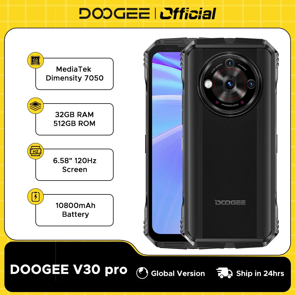 World Premiere DOOGEE V30 Pro Rugged Phone 200MP Camera Dimensity 7050 5G Smartphone 6.58" FHD Display 10800mAh 32 RAM+512 ROM
