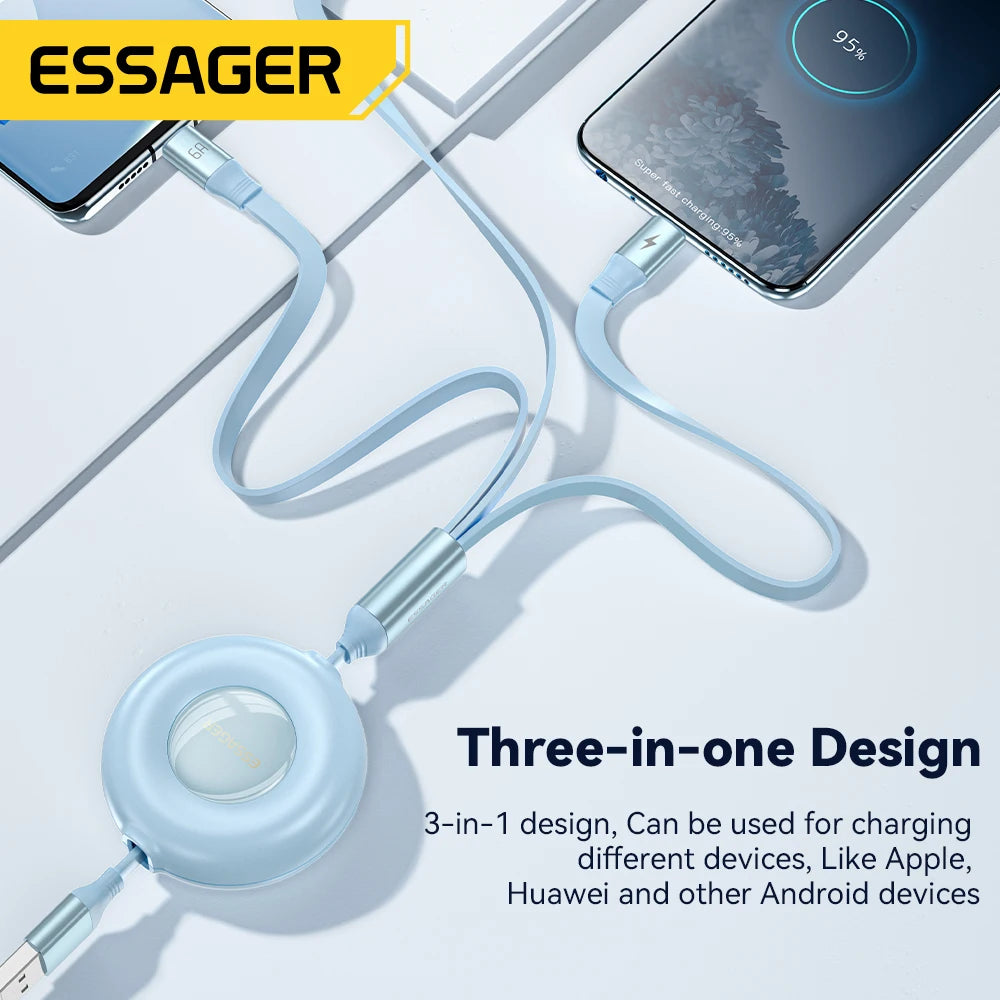 Essager Retractable 66W 3 in 1 USB Charge Cable 6A Fast Charger Type C Cable For iPhone 14 Samsung Xiaomi Huawei Quick Charging