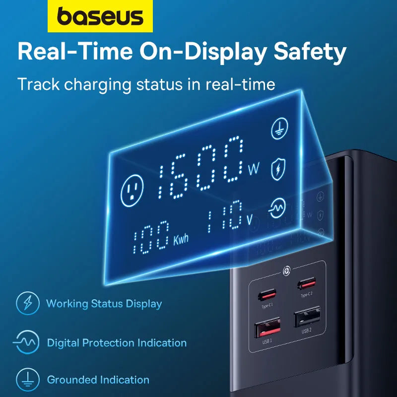 Baseus 35W Fast Charger Digital Power Strip 7-in-1 Charging Station 4000W Rated Power Digital Display For iPhone 15 14 Pro Max