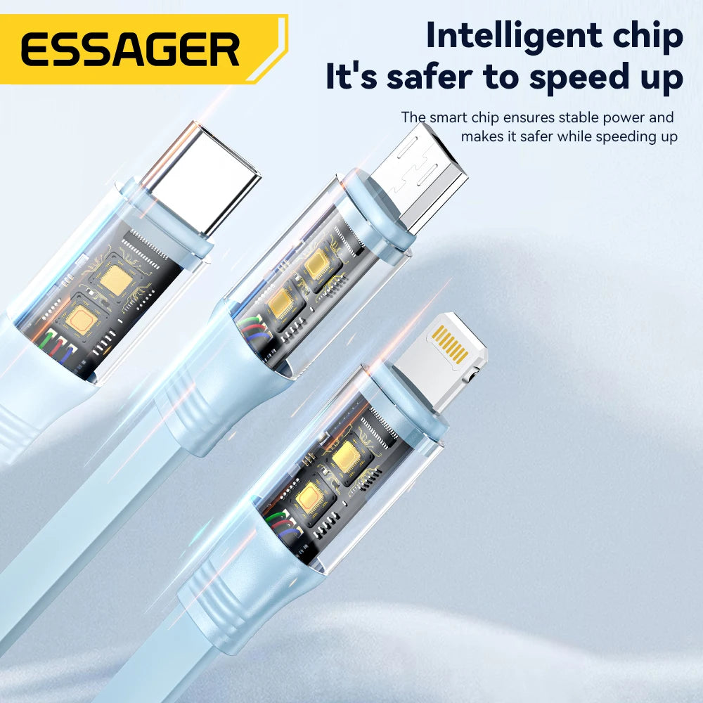 Essager Retractable 66W 3 in 1 USB Charge Cable 6A Fast Charger Type C Cable For iPhone 14 Samsung Xiaomi Huawei Quick Charging