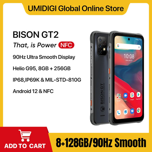 UMIDIGI-BISON GT2 Rugged Smartphone Android 12 IP68 6150mAh 8GB + 128GB Helio G95 6.5 "FHD +NFC64MP AI Triple Camera Cell Phone