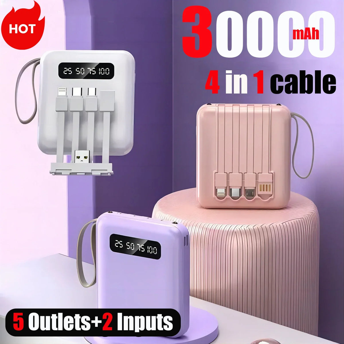 Mini Fast Charge Large Capacity 30000mAh Portable Power Bank Sharing with Cable Mobile Power Supply For iPhone Samsung Xiaomi