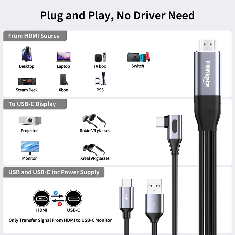 HDMI to USBC Cable 4K60Hz HDMI to TypeC Adapter for PS5 Xbox SteamDeck to Xreal NrealAir RokidMax RayNeoAir Touchable Monitor