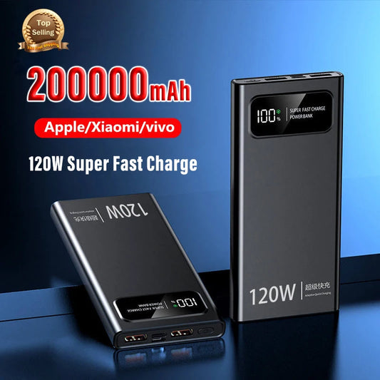 200000mAh Power Bank 120W Super Fast Charging Battery High Capacity Digital Display PowerBank For iPhone Samsung Huawei Xiaomi