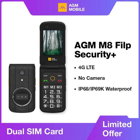 AGM M8 Security Russian Keyboard 4G Rugged Flip Phone No Camera/Bluetooth, Waterproof, SOS Call, 2.8" QVGA, FM 1500mAh Battery
