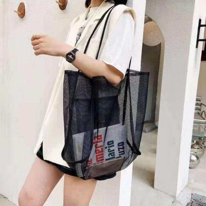 2023 New INS Style Transparent Mesh Bag Fashionable Lightweight Versatile Large Capacity Portable Bag Beach Mesh Shopping Bag