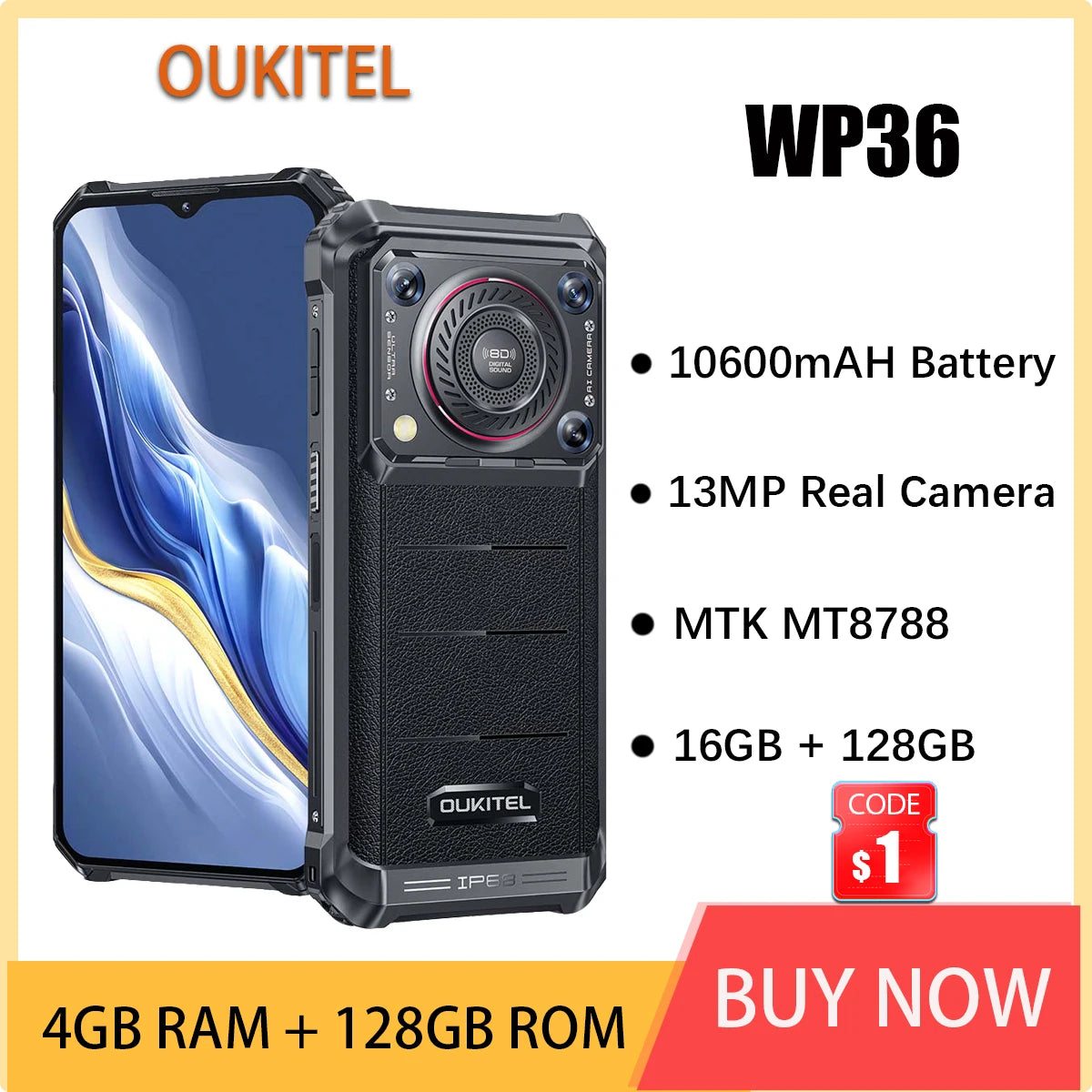Oukitel WP36 Rugged Smartphone 16GB 128GB  6.52-inch FHD+ Display Cell phone 10600mAh Battery Android 13 13MP Camera Phone