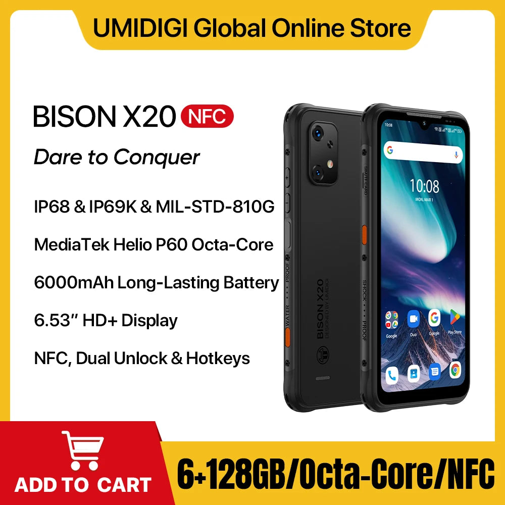 UMIDIGI-BISON X20 Rugged Smartphone 6000mAh Battery NFC MTK Helio P60 Octa-Core 6GB 128GB 6.53 "HD Android 13 Cell Phone