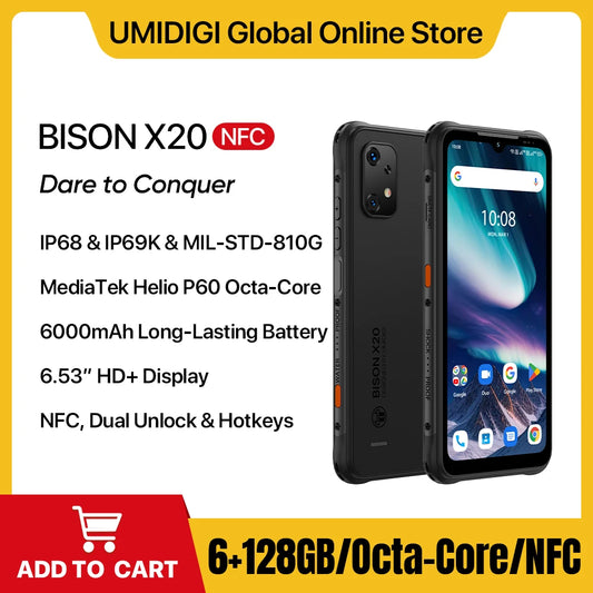 UMIDIGI-BISON X20 Rugged Smartphone 6000mAh Battery NFC MTK Helio P60 Octa-Core 6GB 128GB 6.53 "HD Android 13 Cell Phone