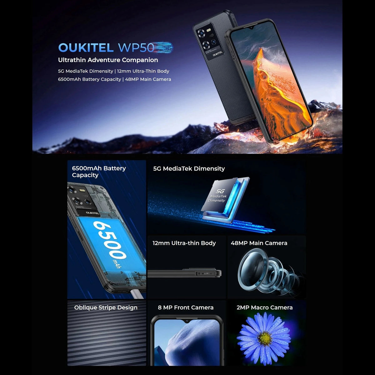 Oukitel WP50 5G Rugged Phone 6.60" HD+ 6500mAh 4GB+256GB Android 14 MTK Dimensity 6100+ Mobile Phone 48MP 18W NFC Smartphone