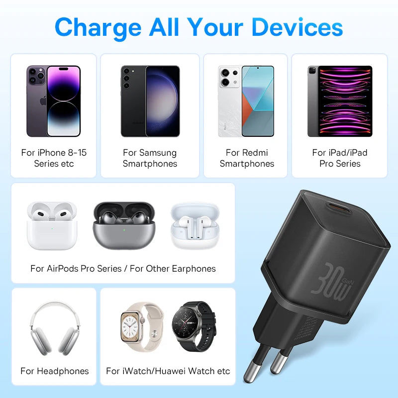 Baseus 30W GaN Charger Phone charger For iPhone 15 14 13 12 USB C Charger Support PD QC PPS Fast Charging For Laptop Smartphone