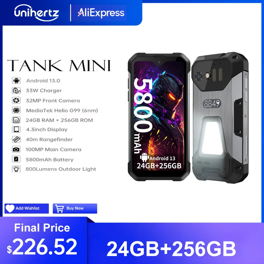 Unihertz 8849 Tank Mini Rugged Smartphone 4.3 Inch Display Android 13 5800mAh 24GB 256GB Helio G99 Octa Core 100MP Cameras IP68