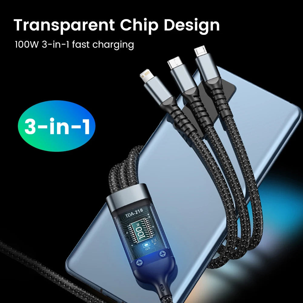 3 in 1 100W Fast Charging Cable USB Type C Cable For iPhone Realme Samsung Huawei 50 pro Micro Usb C Charger Charging Cable Wire