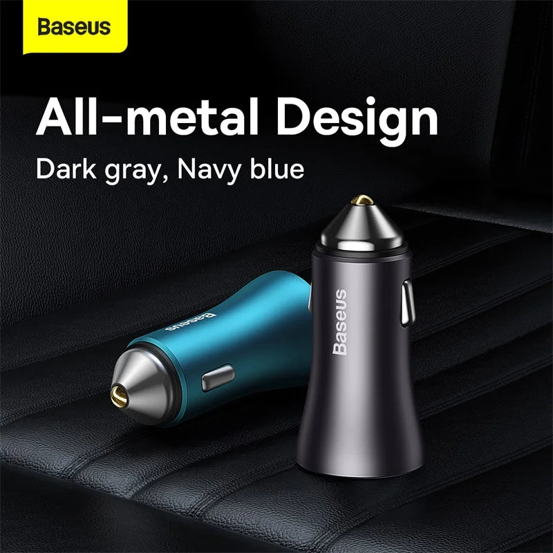 Baseus 60W Metal USB Type C Car Charger Quick Charge SCP AFC QC 4.0 PD 27W USBC Phone Charger For iPhone Xiaomi Huawei Samsung