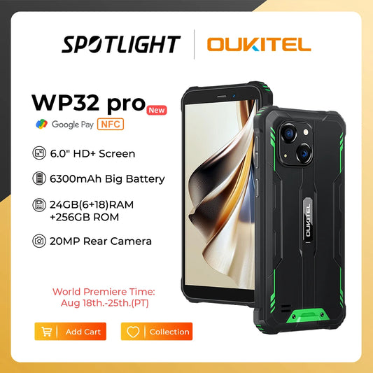 Oukitel WP32 pro Rugged Smartphone 6" HD 24GB+256GB 6300mAh Octa Core Mobile phone 20MP Cell phone NFC
