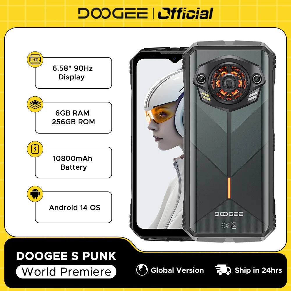 Global Version DOOGEE S Punk Rugged Phone Android 14 6.58" 90Hz 34mm Large Amplitude Speake LED Light Effect 6GB+256GB 10800mAh