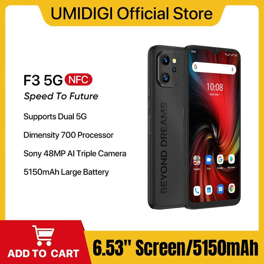 UMIDIGI F3 5G SmartPhone, Android 12 Smartphone, Dimensity 700 Processor, 6.7" Display 8GB 128GB, 48MP Triple Camera,5150mAh 18W