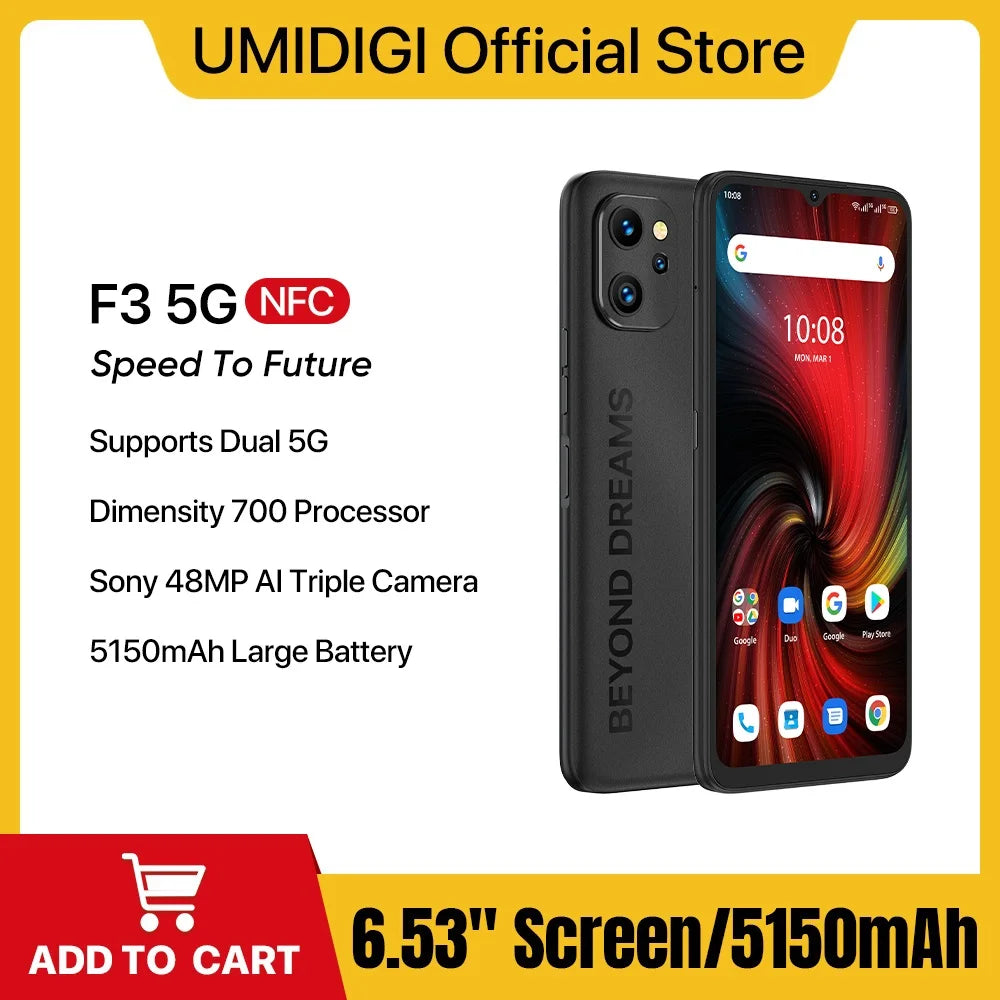 UMIDIGI F3 5G SmartPhone, Android 12 Smartphone, Dimensity 700 Processor, 6.7" Display 8GB 128GB, 48MP Triple Camera,5150mAh 18W