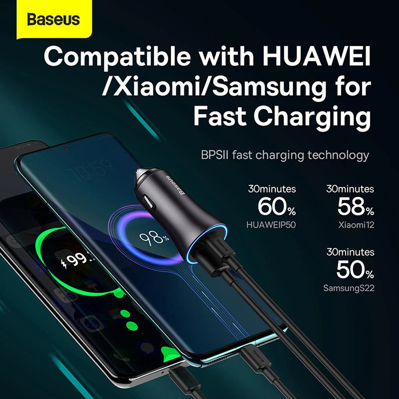 Baseus 60W Metal USB Type C Car Charger Quick Charge SCP AFC QC 4.0 PD 27W USBC Phone Charger For iPhone Xiaomi Huawei Samsung