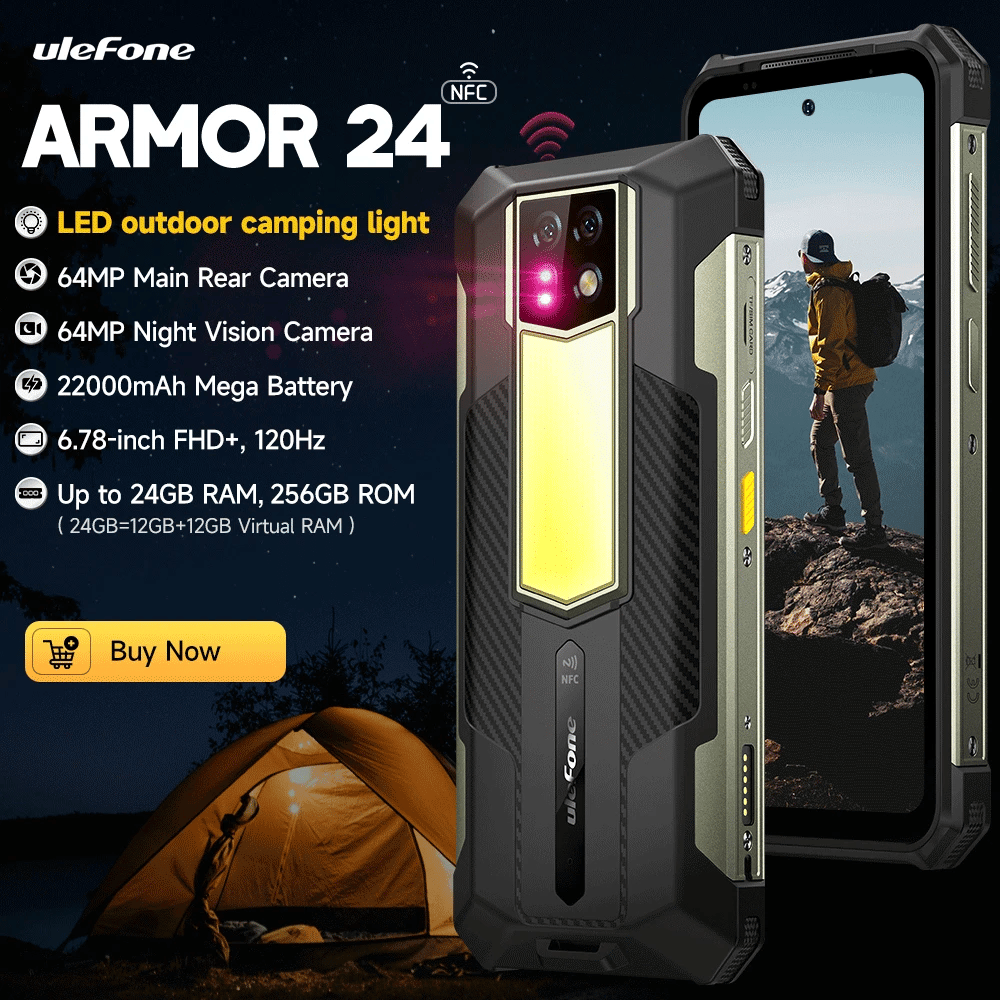 Ulefone Armor 24 22000mAh Battery,Rugged IP68/IP69K，Android 14,Up to 24GB RAM,256GB ROM ,64MP Night Camera , 6.78"