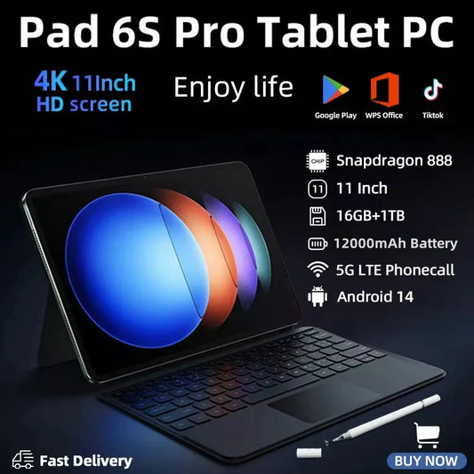 2024 Global Pad 6S Pro Tablet Snapdragon 888 Version Original 11inch HD 4K Android 14 16GB+1T 12000mAh 5G Dual SIM Bluetooth Tab