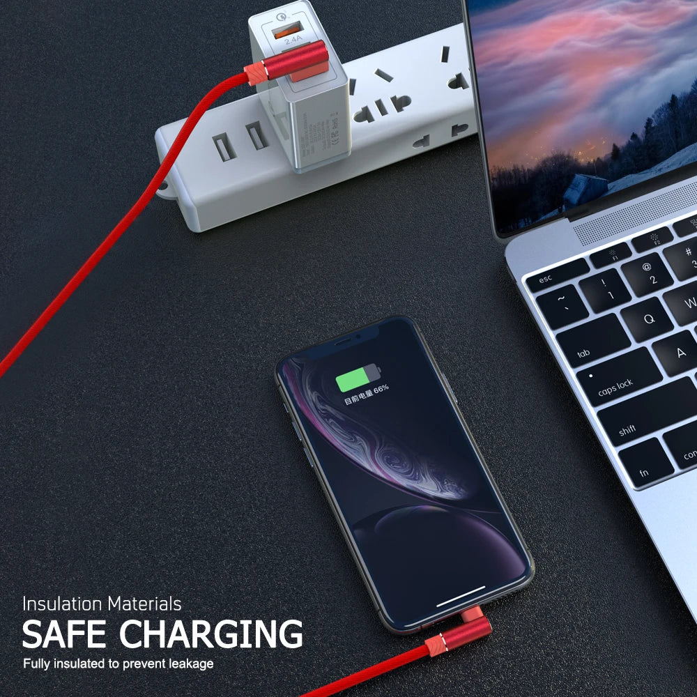 90 Degree USB Cable Fast Charging Data Cord For iPhone 11 12 13 14 Pro Max Xs X XR 6 6s 7 8 Plus SE iPad Origin Charger Wire 3m