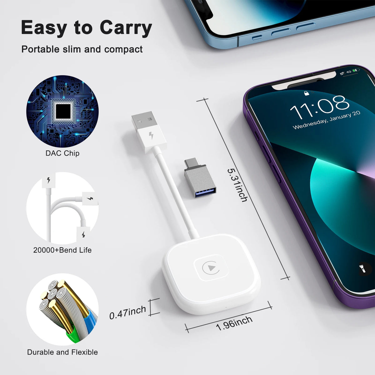 Wireless CarPlay Adapter/Dongle for Factory Wired CarPlay Cars Converts Wired to Wireless Easy to Use for iPhone Plug and Play