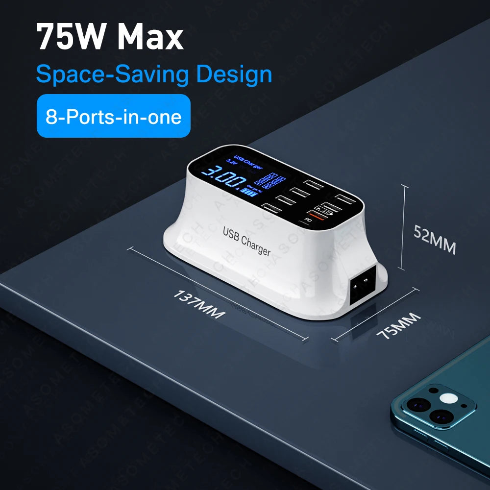 8/4-Port LED Display USB Charger Quick Charge PD USBC Charger For iPhone 13 12 Pro Tablet Fast Charger For Xiaomi Huawei Samsung
