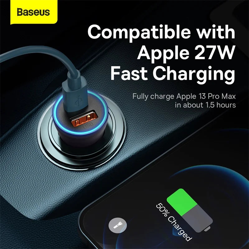 Baseus 60W Metal USB Type C Car Charger Quick Charge SCP AFC QC 4.0 PD 27W USBC Phone Charger For iPhone Xiaomi Huawei Samsung