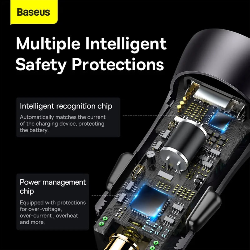 Baseus 60W Metal USB Type C Car Charger Quick Charge SCP AFC QC 4.0 PD 27W USBC Phone Charger For iPhone Xiaomi Huawei Samsung