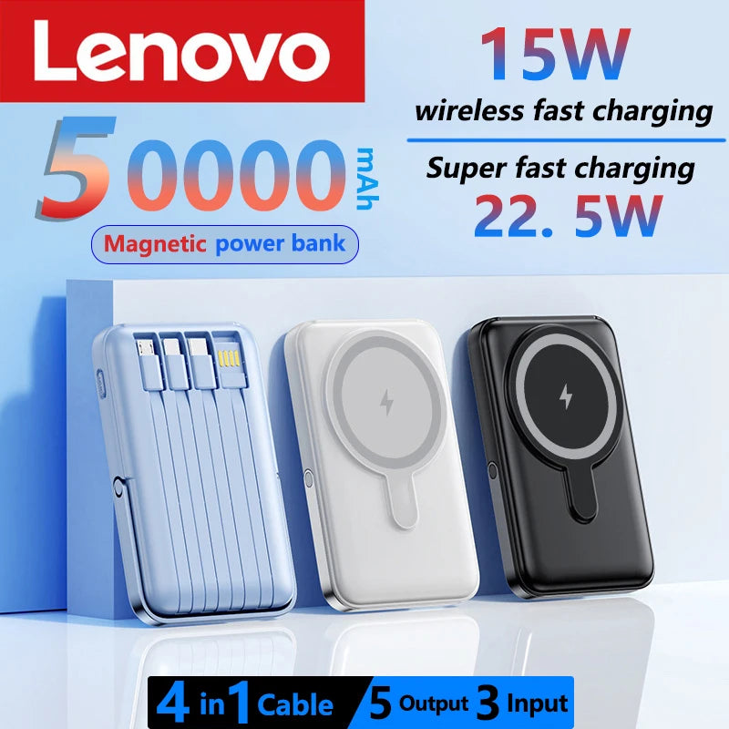 Lenovo 50000mAh Magnetic Wireless Power Bank Built in 4 Cables Fast Charging Portable Battery Charger For iPhone Huawei Samsung