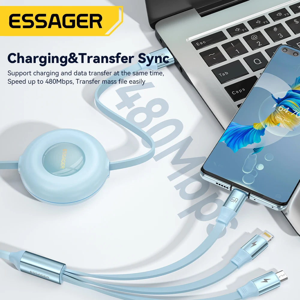 Essager Retractable 66W 3 in 1 USB Charge Cable 6A Fast Charger Type C Cable For iPhone 14 Samsung Xiaomi Huawei Quick Charging