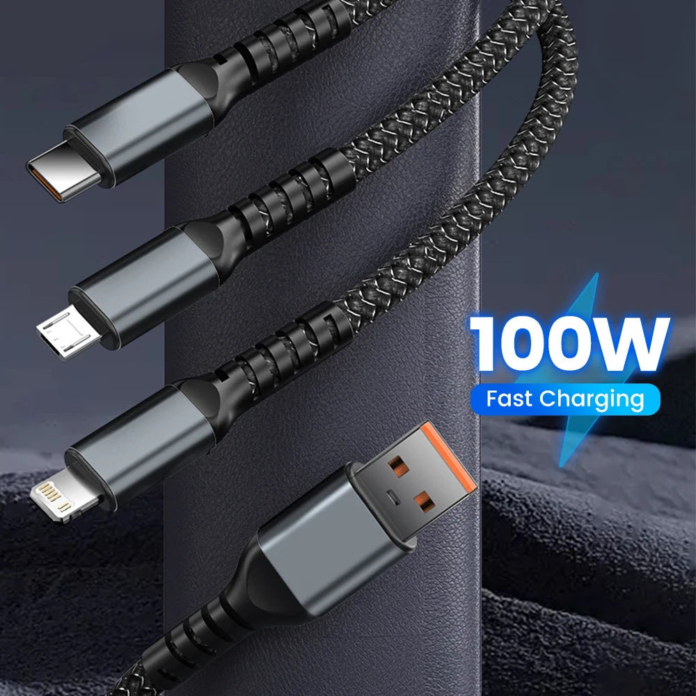 3 in 1 100W Fast Charging Cable USB Type C Cable For iPhone Realme Samsung Huawei 50 pro Micro Usb C Charger Charging Cable Wire