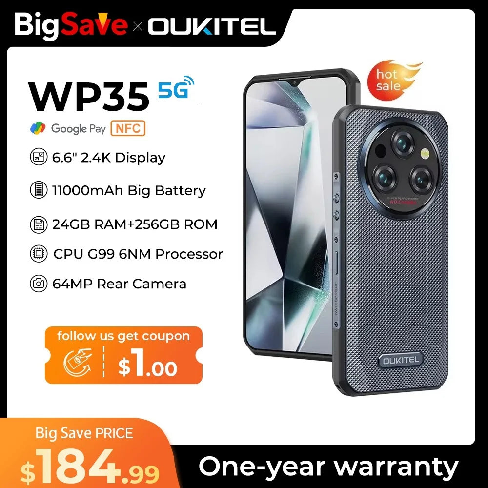 Oukitel WP35 5G Rugged Smartphone 11000 mAh 24GB+256GB Mobile Phone  Android 14 64 MP NFC Cell Phone