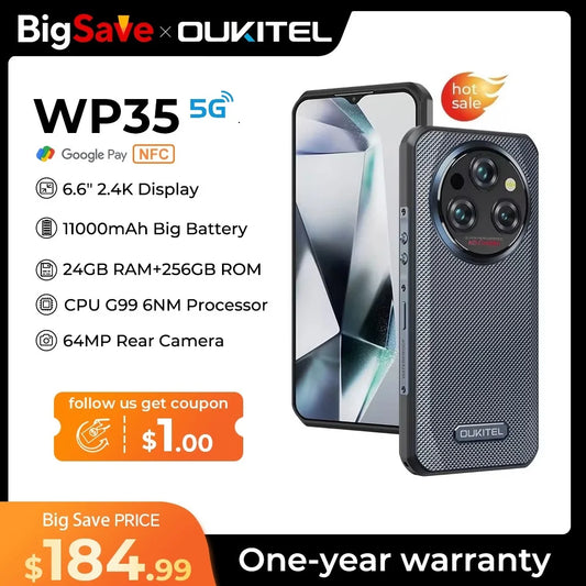 Oukitel WP35 5G Rugged Smartphone 11000 mAh 24GB+256GB Mobile Phone  Android 14 64 MP NFC Cell Phone