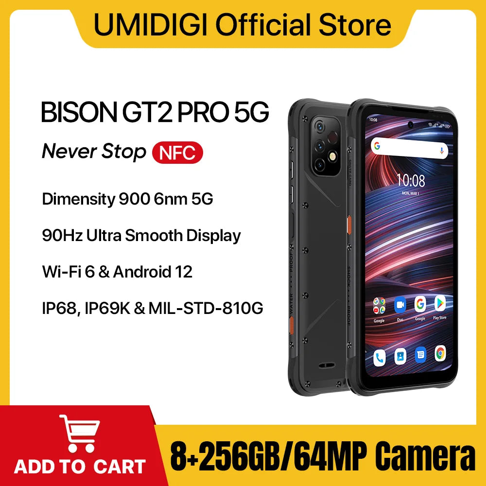 UMIDIGI BISON GT2/GT2 PRO 5G Phone Rugged Smartphone Android IP68 Dimensity 900 6.5" FHD+ 64MP Triple Camera 6150mAh Battery
