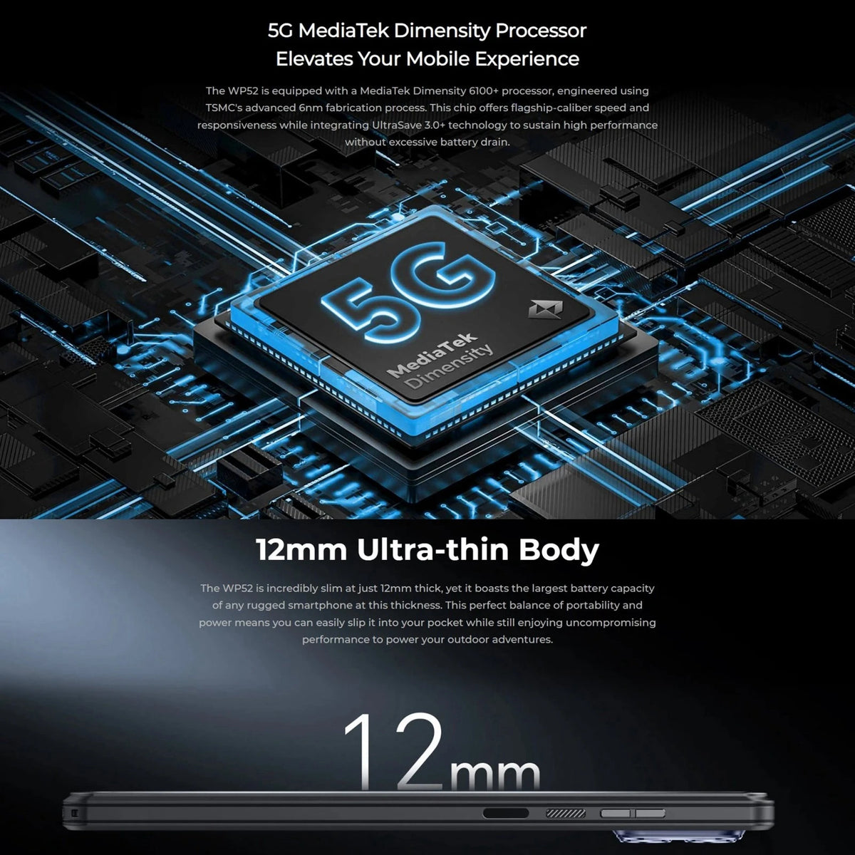 Oukitel WP52 5G Rugged Smartphone 6.6" HD+ 6500mAh 4GB+256GB Android 14 MTK Dimensity 6100+ 48MP Camera 18W NFC Mobile Phone