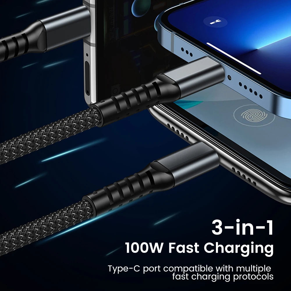 3 in 1 100W Fast Charging Cable USB Type C Cable For iPhone Realme Samsung Huawei 50 pro Micro Usb C Charger Charging Cable Wire