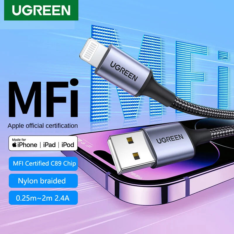 UGREEN MFI USB Lightning cable Charger For iPhone 14 13 12 11 xs 8 7 6 Apple ipad Fast charging data 25cm 1m 2m Carplay Braided